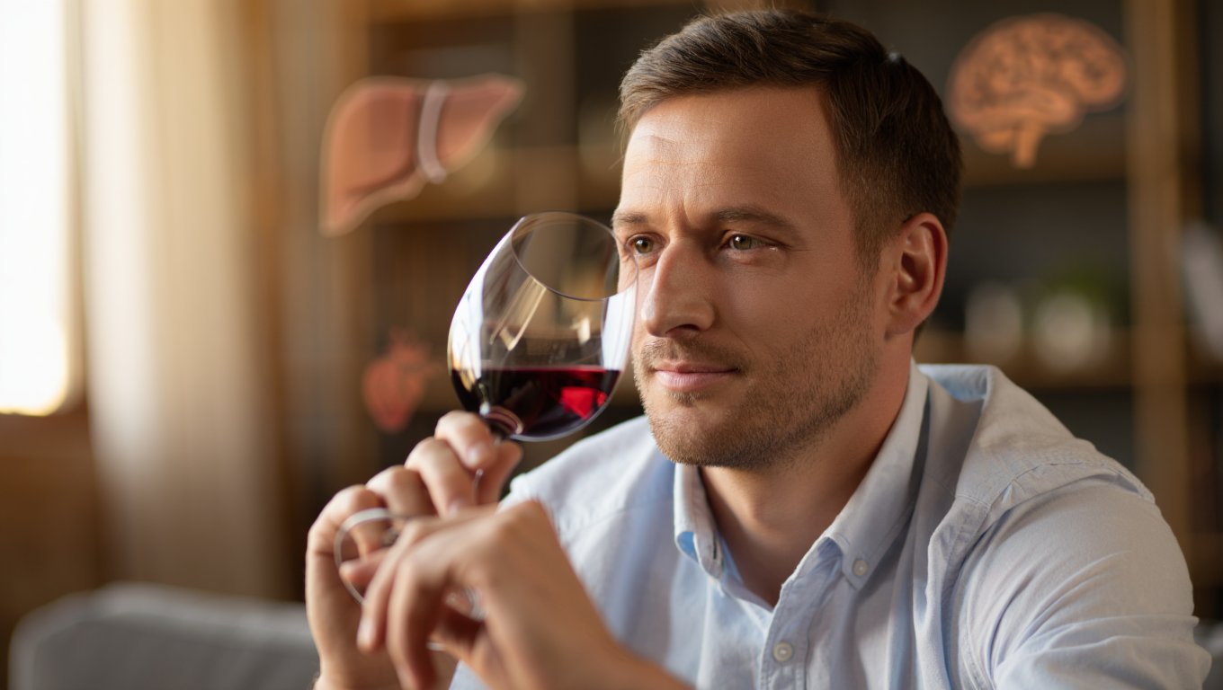 Винный алкоголизм Мужчина с бокалом вина в руке